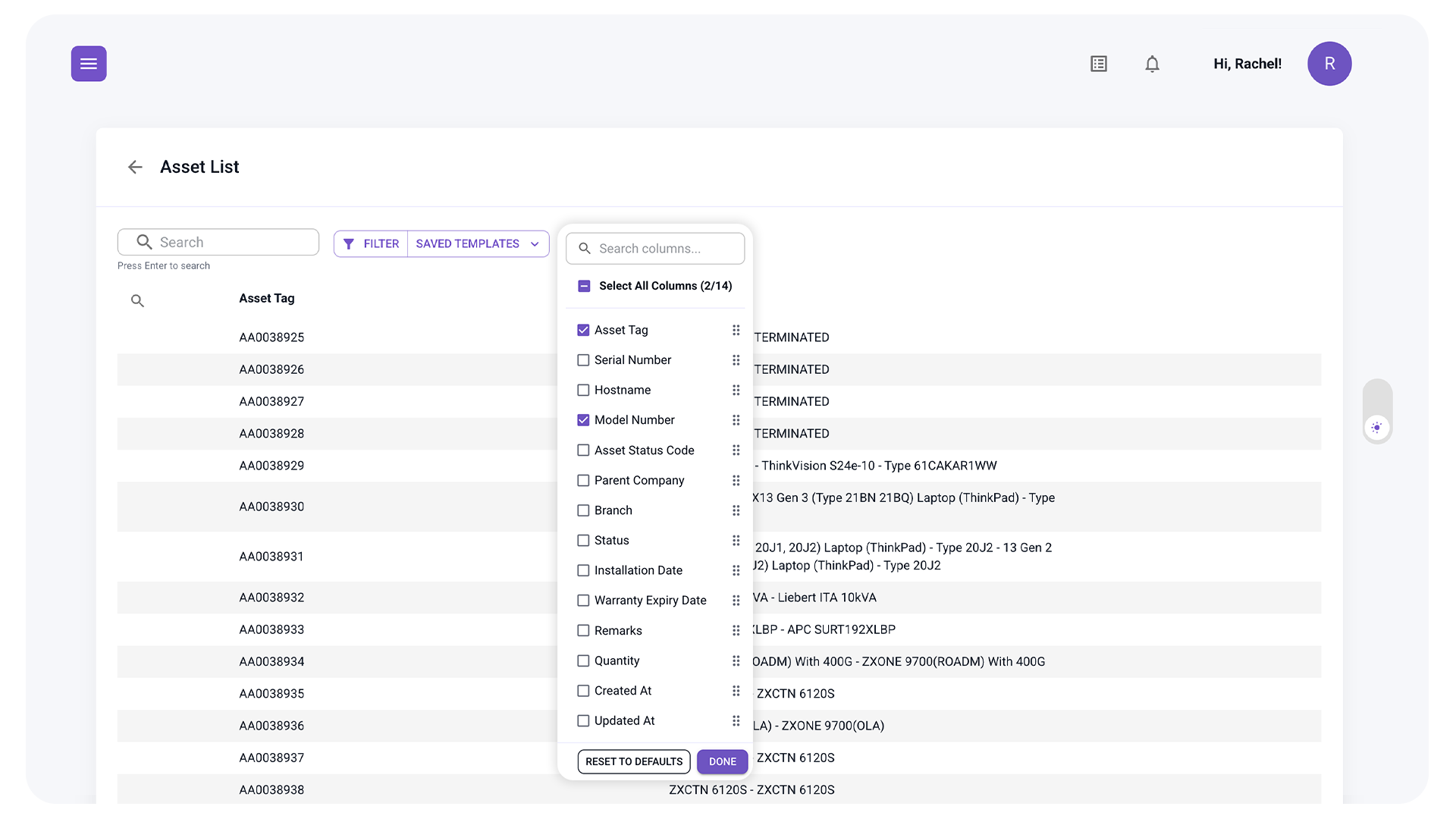 SmartDesk asset list showing asset tags, models and column configuration