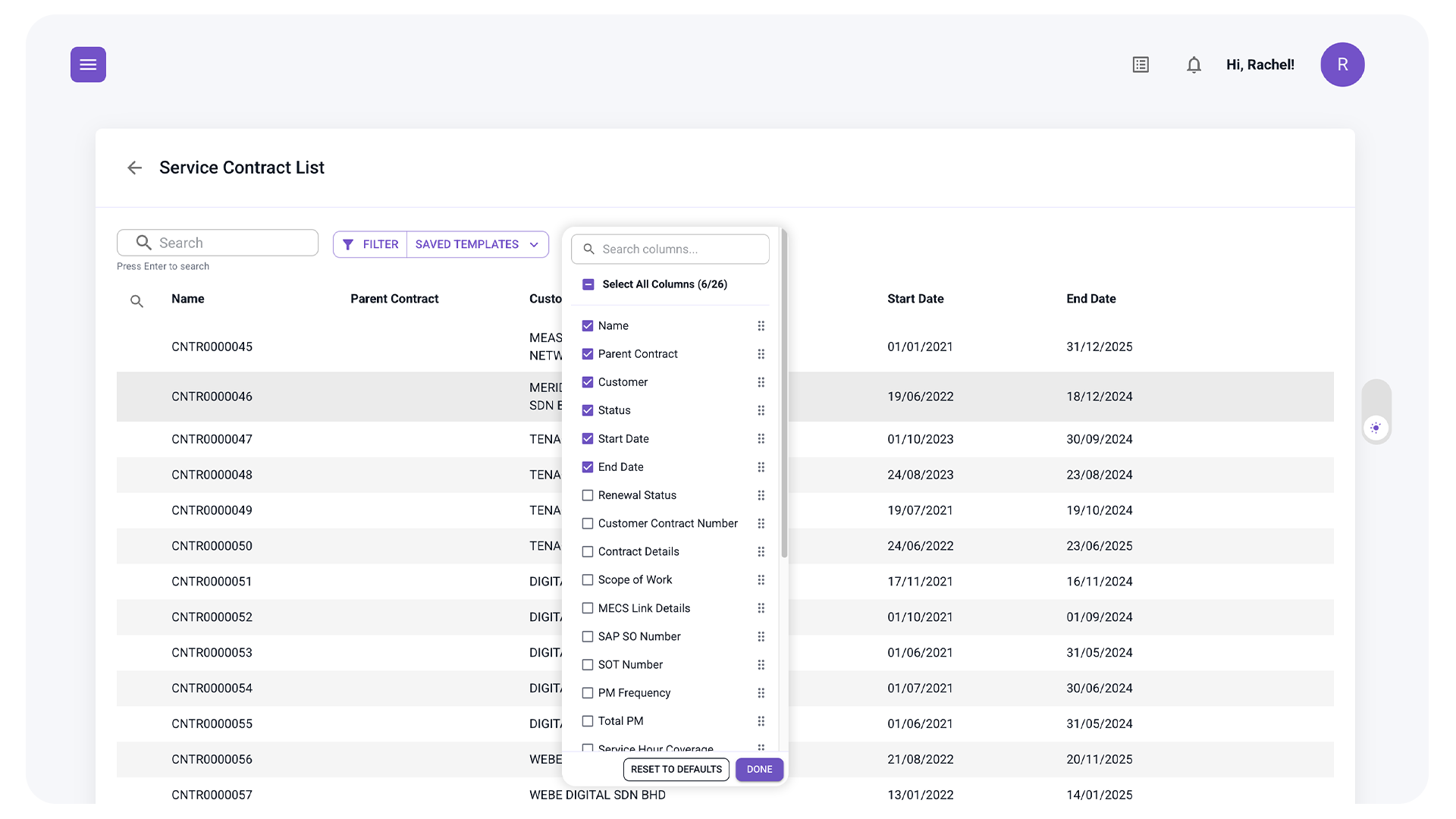 SmartDesk service contract list showing contract names, customers and date ranges